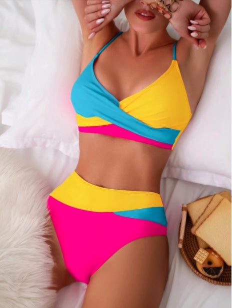 Neon Color Block Twist-Front Bikini Set, Mid-Rise 2-Piece Swimsuit