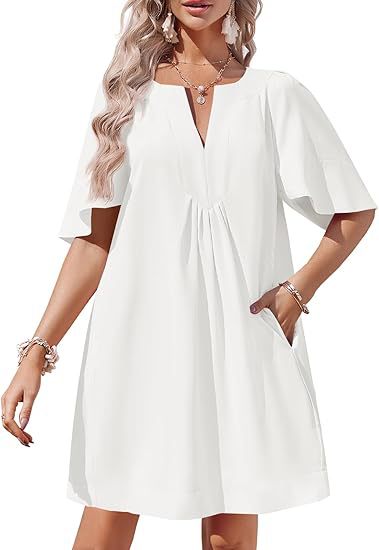 Loose-Fit Tunic Dress, V-Neck with Pleats &amp;amp; Flowy Half Sleeves
