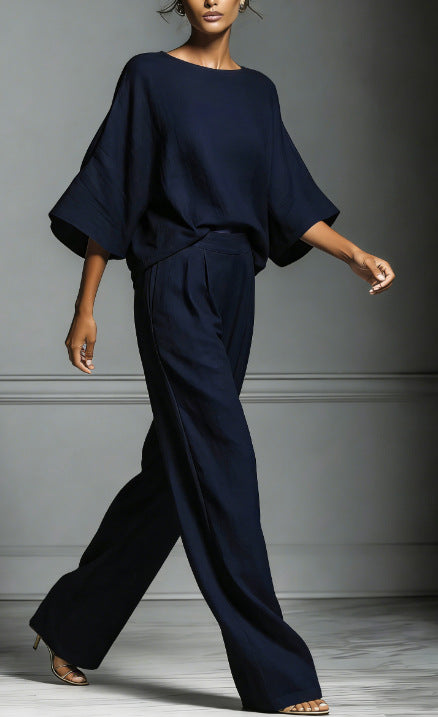 Linen Blend Oversized Top and Wide Leg Pants Two-Piece Set