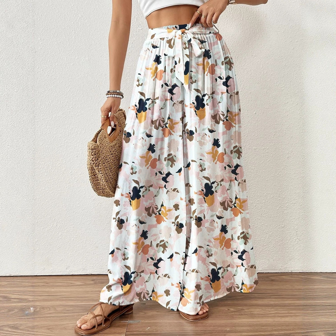 Floral Print Wide Leg Pants, High Waist Drawstring Palazzo Trousers