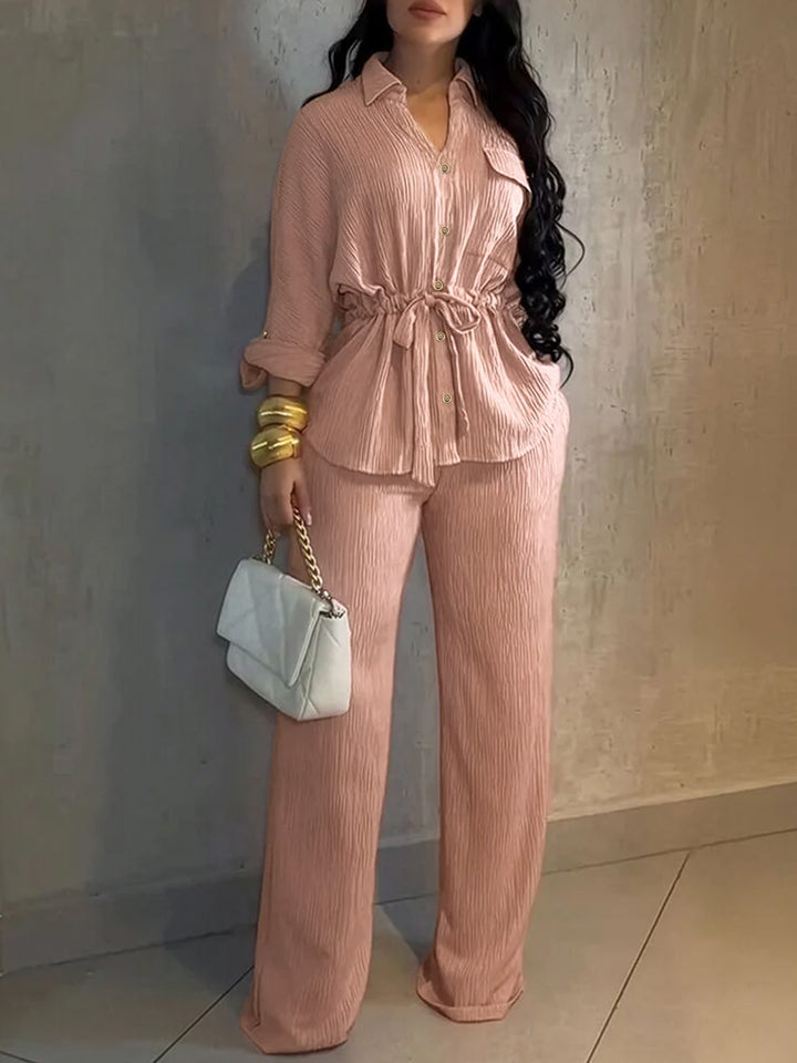 Textured Waist Tie Shirt &amp; Wide Leg Pants Two-Piece Set
