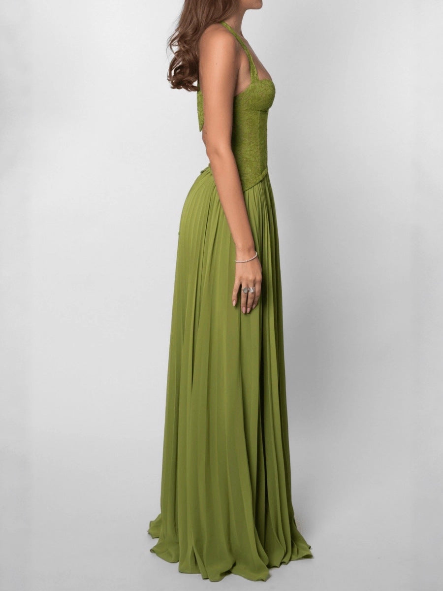 Olive Green Lace Halter Pleated Maxi Dress