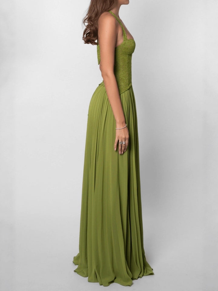 Olive Green Lace Halter Pleated Maxi Dress