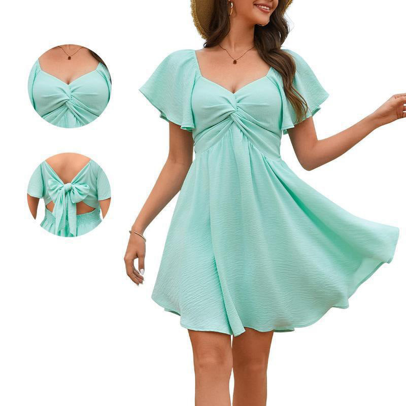 Square neck short-sleeved high-waisted bow dress