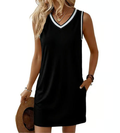 Contrast Piping Sleeveless V Neck Mini Athletic T-Shirt Dress With Pockets
