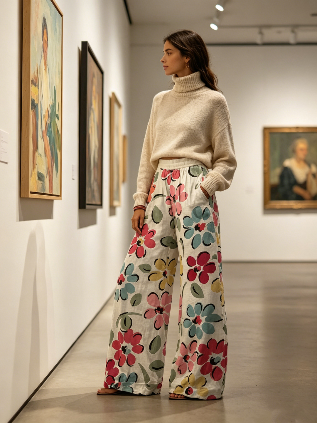 Watercolor Floral Elastic High Waist Wide Leg Palazzo Pants
