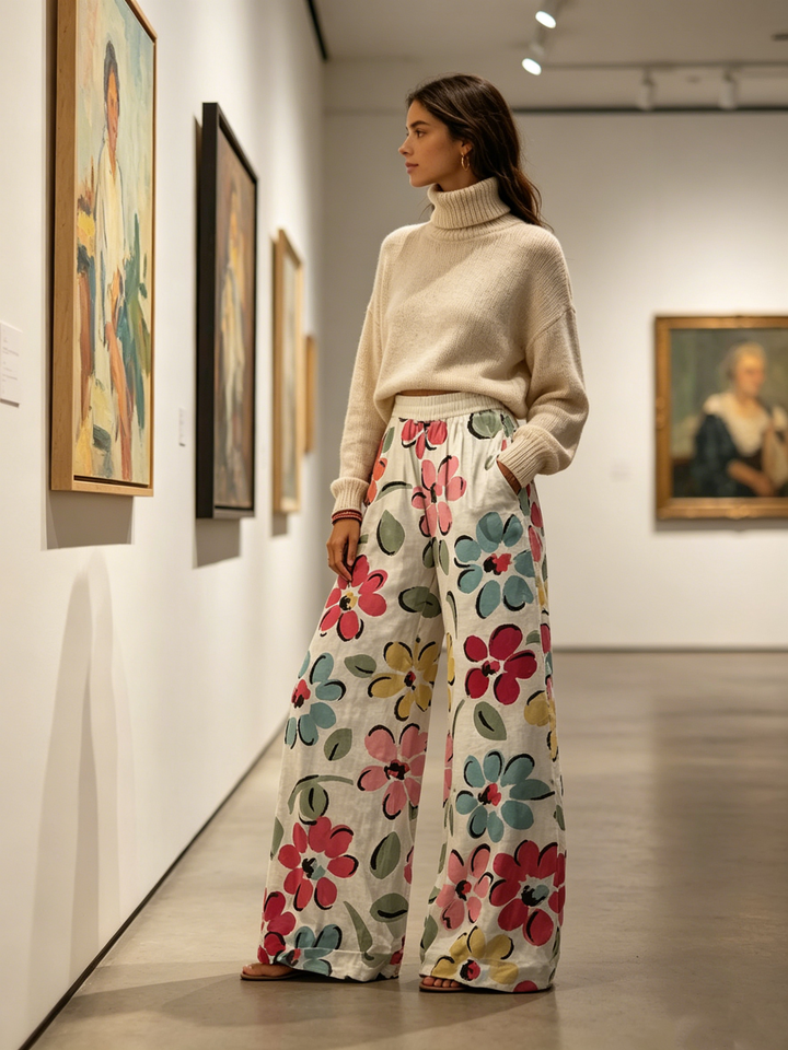 Watercolor Floral Elastic High Waist Wide Leg Palazzo Pants
