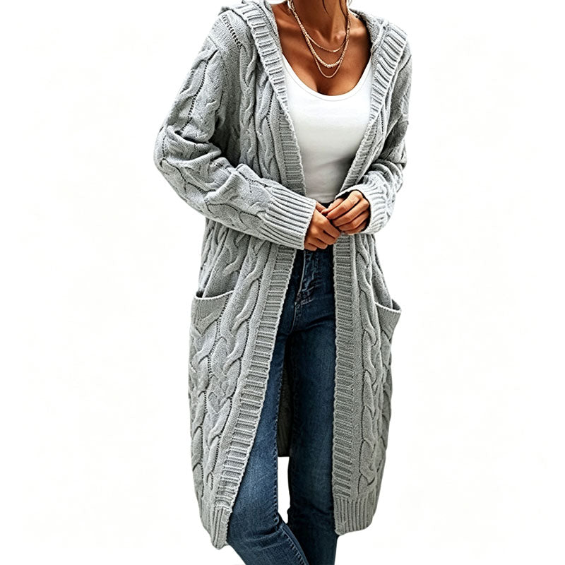 Solid-color hooded cable-knit mid-length cardigan