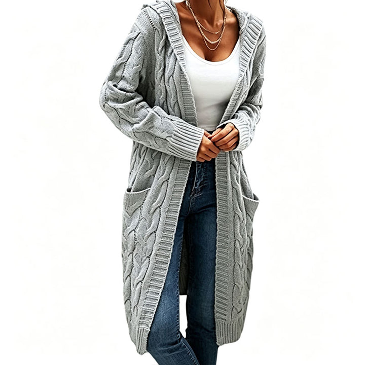 Solid-color hooded cable-knit mid-length cardigan