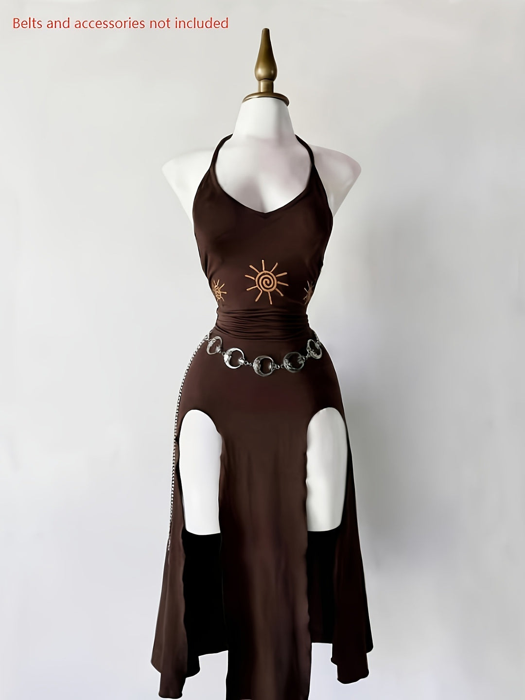 Brown Sun-Embroidered Halter Mermaid Maxi Dress