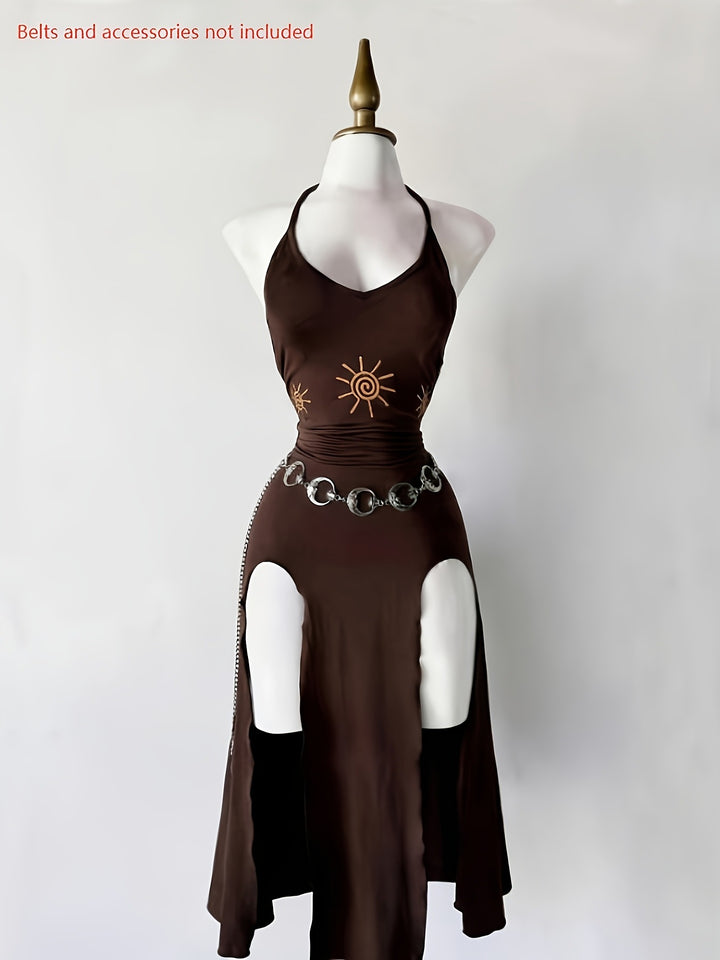 Brown Sun-Embroidered Halter Mermaid Maxi Dress