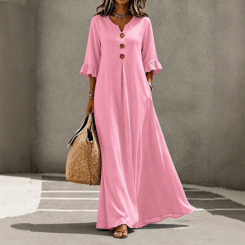 Solid color V-neck loose-fitting maxi dress