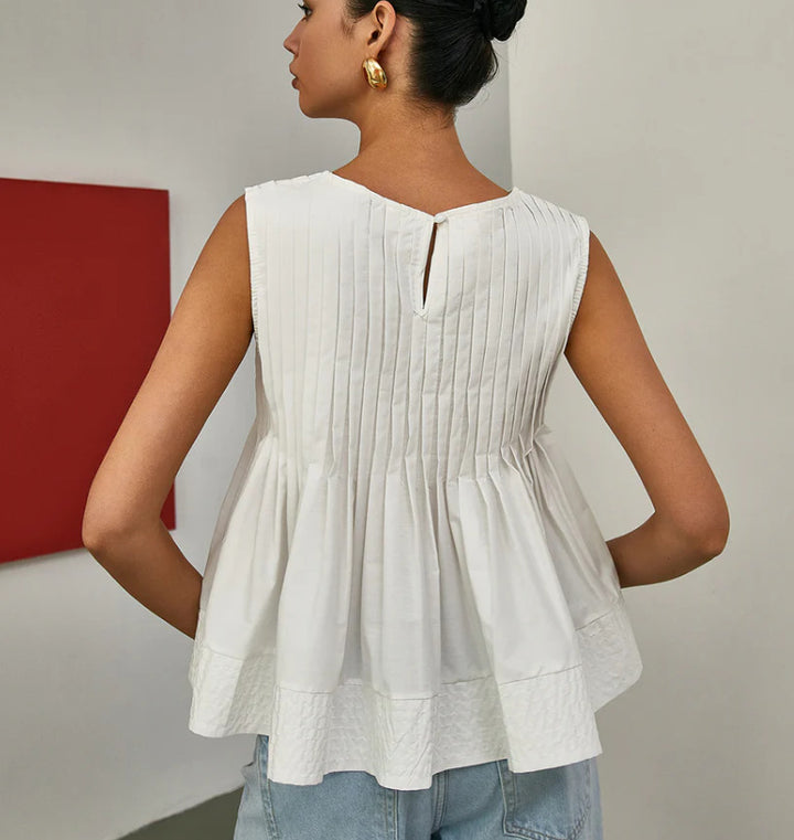 Pleated Peplum Sleeveless Blouse, Round Neck Flowy Summer Top