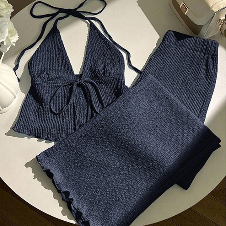 Halter-neck textured top and trousers set