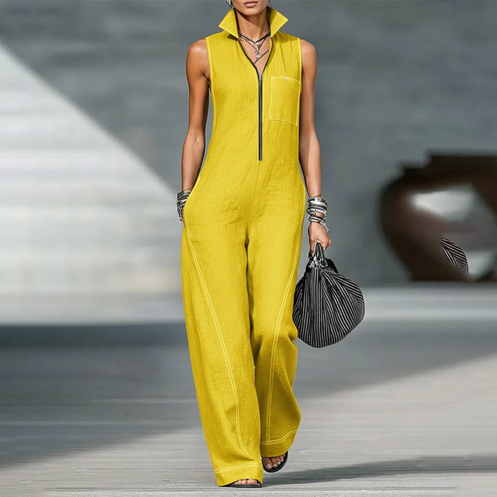 Sleeveless cotton-linen jumpsuit