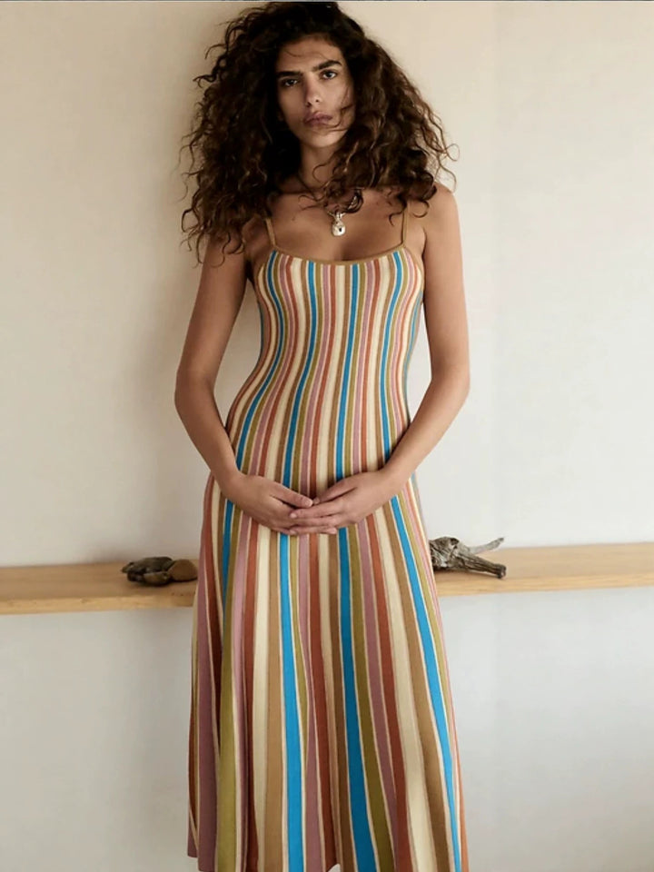 Multicolor Striped Ribbed Knit Maxi Slip Dress