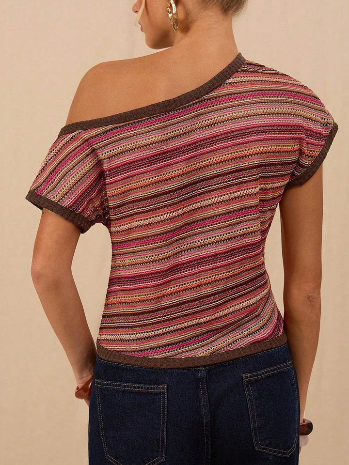 Striped Off-Shoulder Knit Top | Asymmetrical Short Sleeve Fitted Blouse for Women