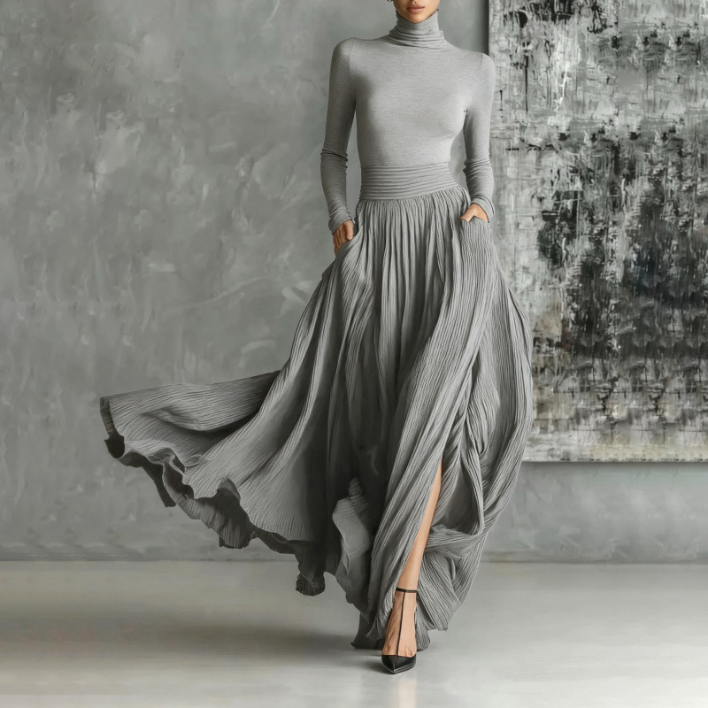 Turtleneck Top &amp; Pleated Maxi Skirt Set