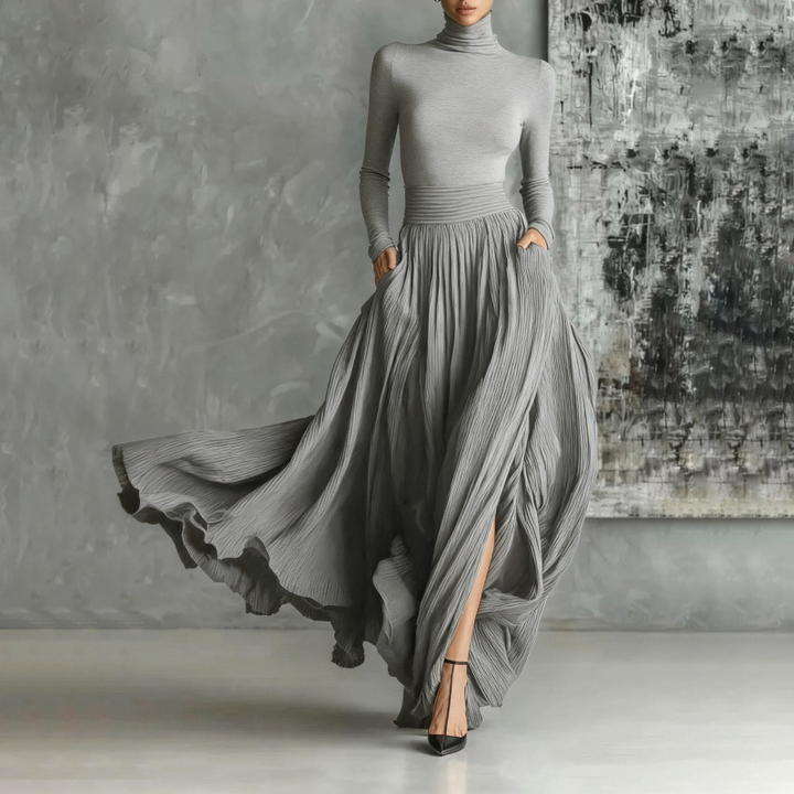 Turtleneck Top &amp; Pleated Maxi Skirt Set