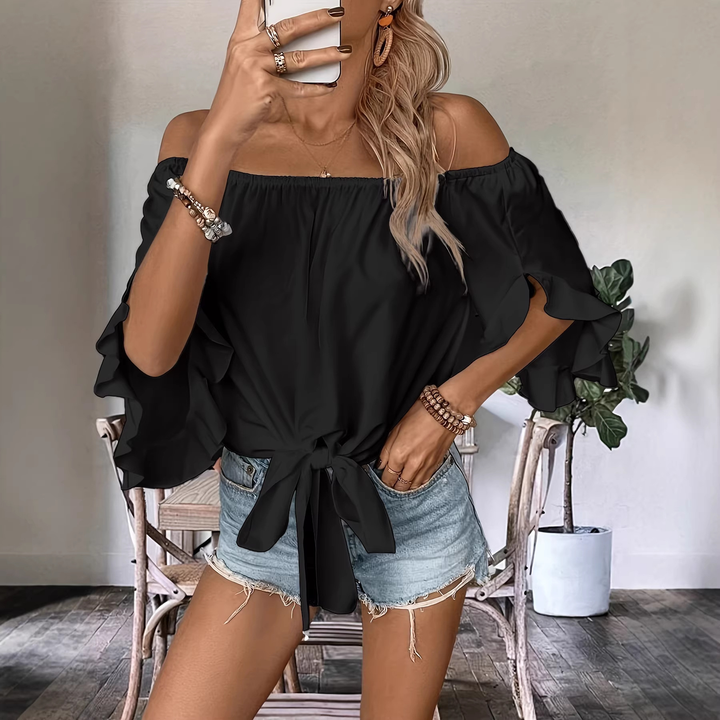 Loose Off Shoulder Ruffle Sleeve Self Tie Holiday Blouse