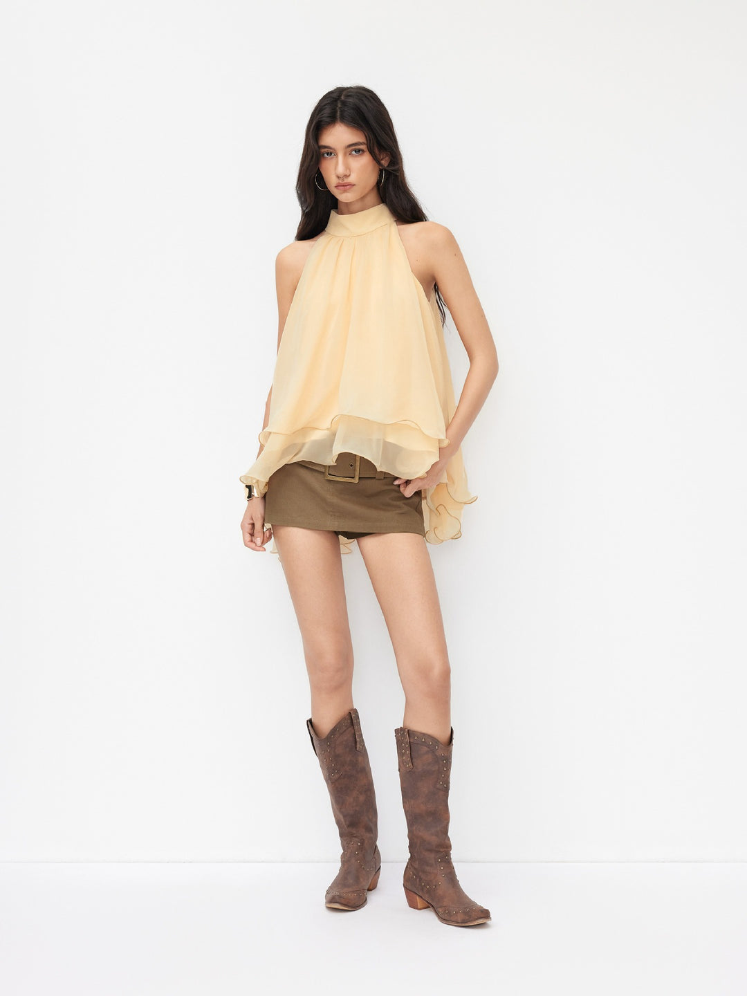 Multi-Color Halter Neck Flowy Chiffon Top with Bow Detail, Sleeveless Ruffled Blouse for Women