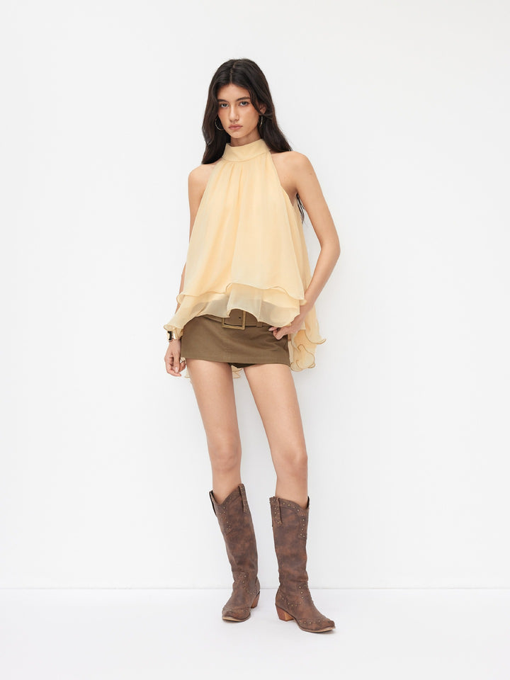 Multi-Color Halter Neck Flowy Chiffon Top with Bow Detail, Sleeveless Ruffled Blouse for Women