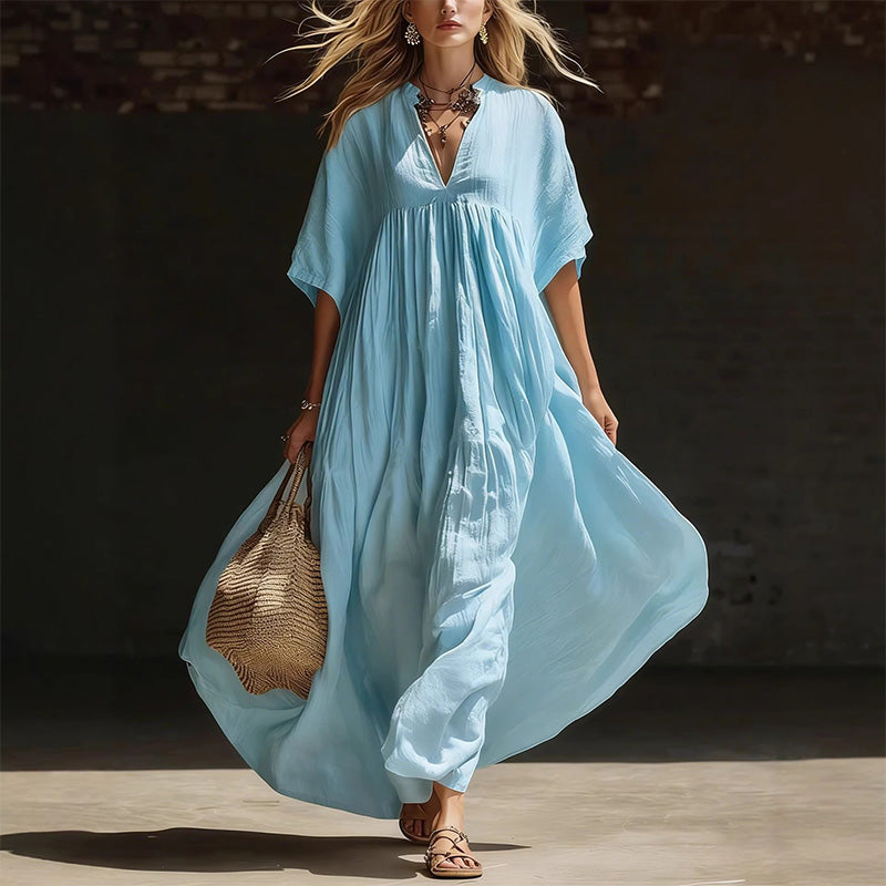 Solid color loose-fitting beach vacation long V-neck dress