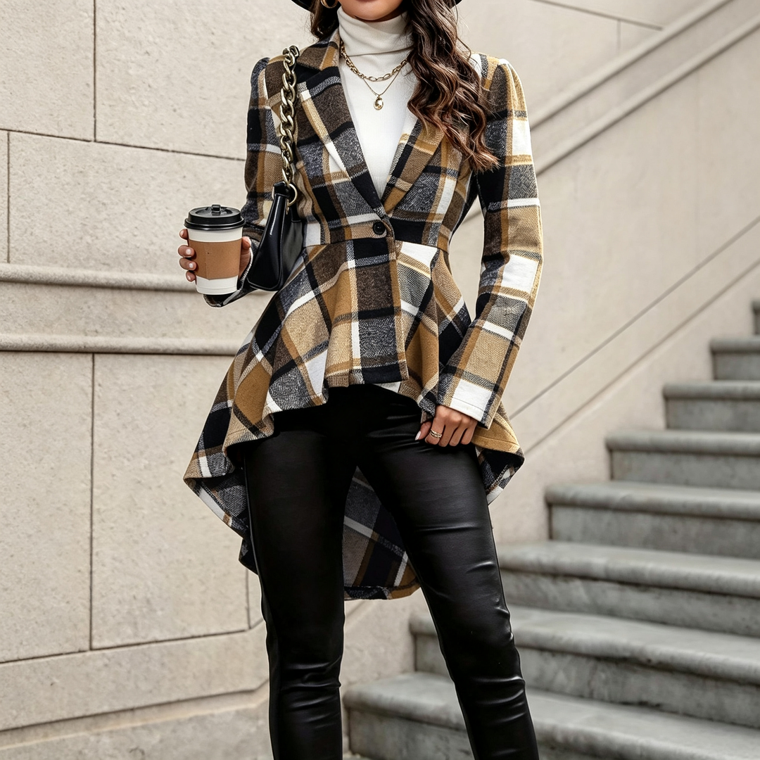 Irregular Hem Plaid Long Sleeve Coat