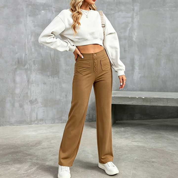 Solid color high-waisted straight leg pants