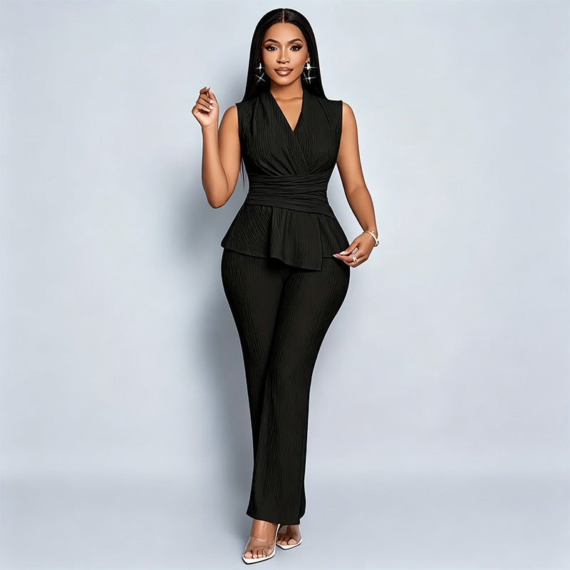 V-neck sleeveless irregular T-shirt and wide-leg pants set