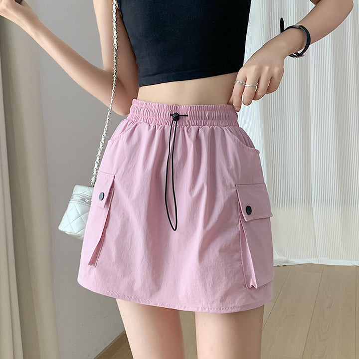 High-waisted drawstring A-line cargo skirt