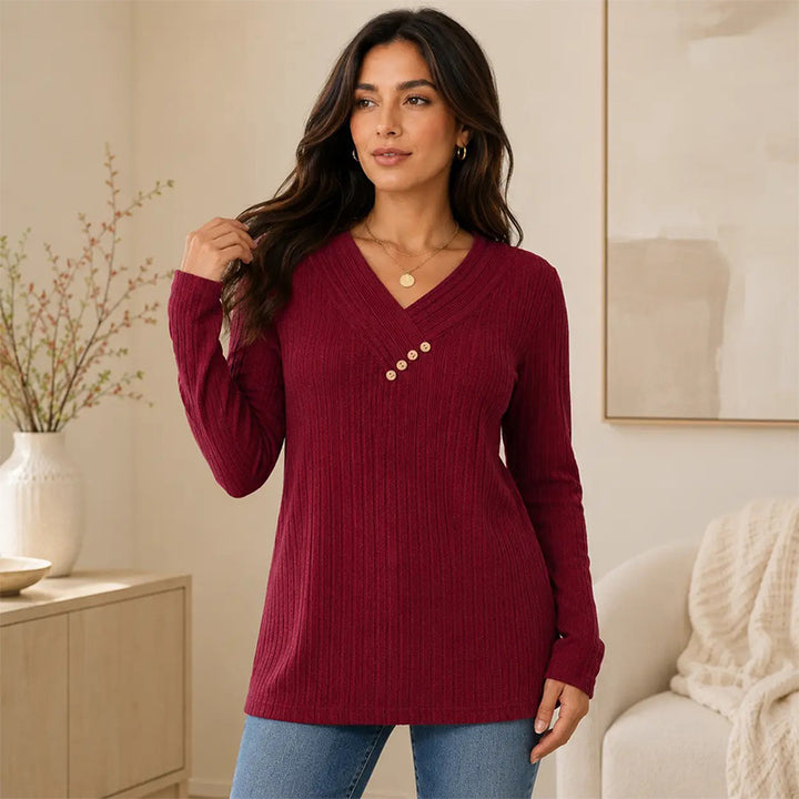V-neck button-down long-sleeved shirt sweater