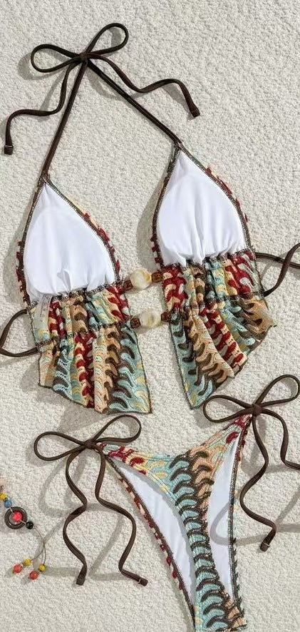 Bohemian Wave Knit Triangle Bikini Set with Shell Accents