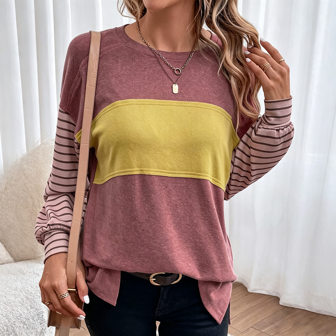 Women Colorblock Striped Sleeve Top