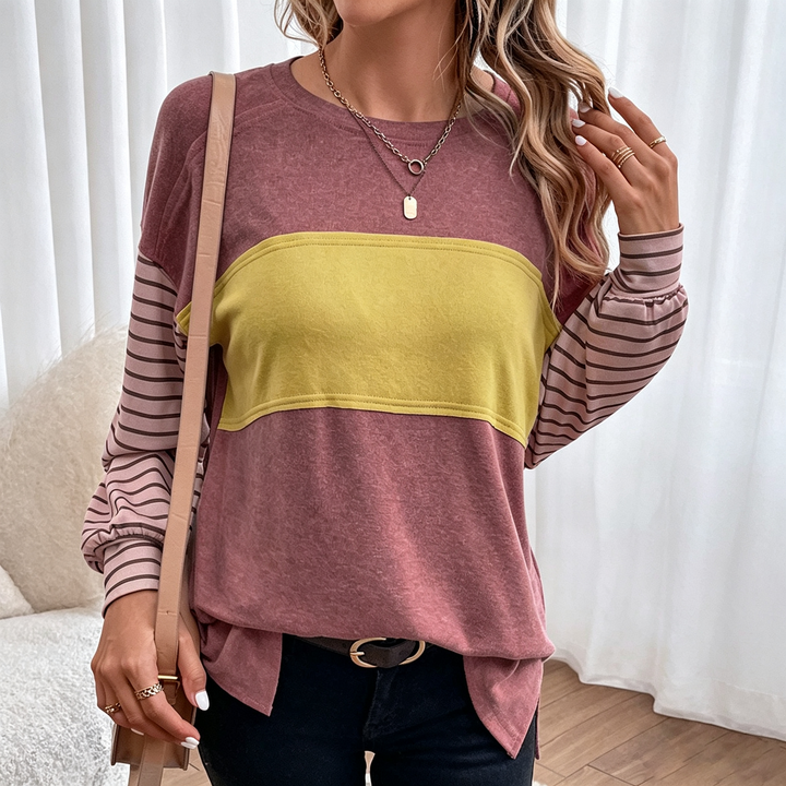 Women Colorblock Striped Sleeve Top