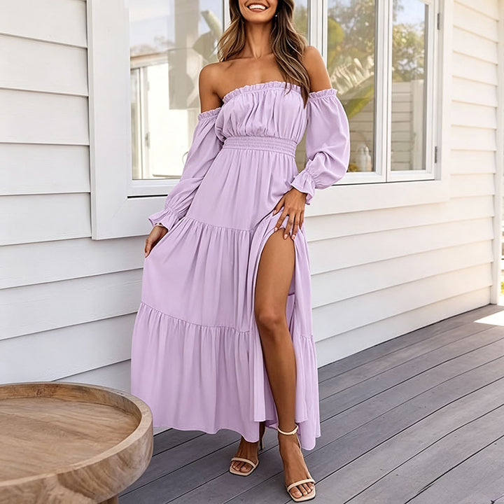 Off-shoulder long-sleeve A-line maxi skirt with a side slit