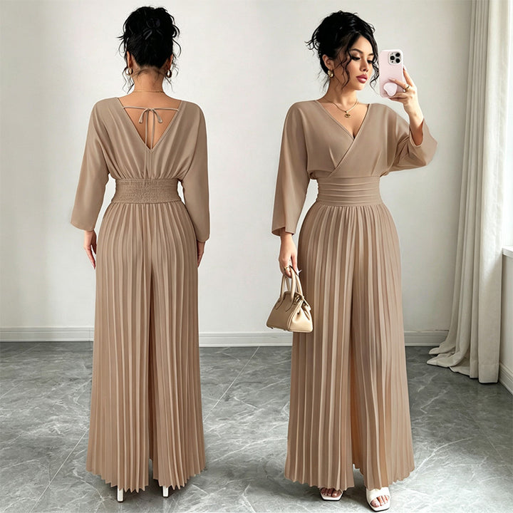 Solid color V-neck fitted waist pleated jumpsuit