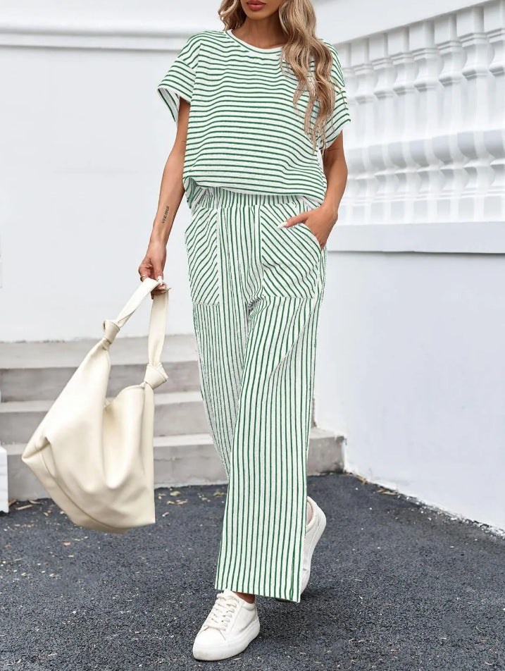 Womens Striped 2 Piece Sets Short Sleeve T Shirts Wide Leg Pants Matching Lounge Set with Pockets