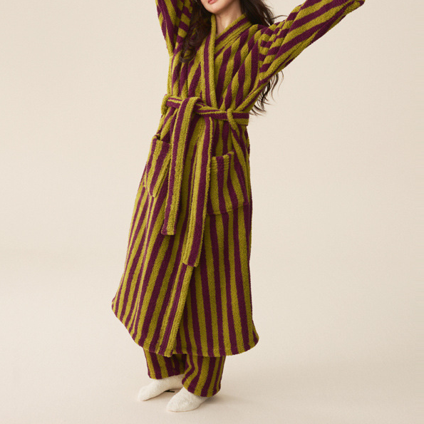 Pocketed Striped Plush Long Robe