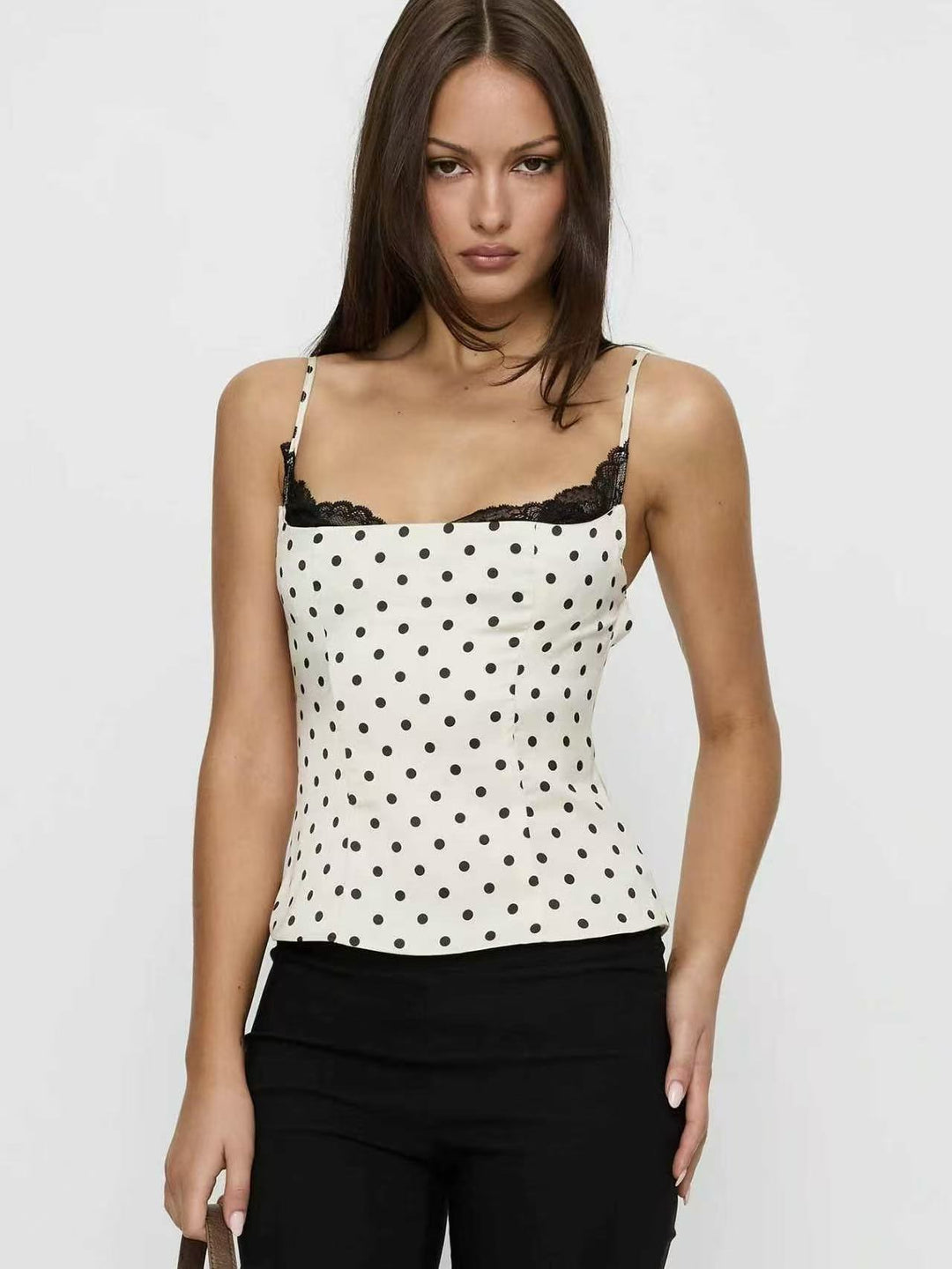 Polka Dot Lace-Trim Corset Cami Top | Vintage Sweetheart Open Back Statement Tank