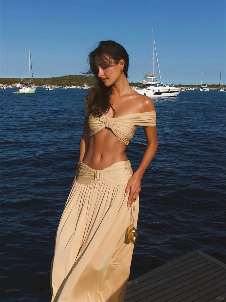 Beige Ruched 3-Piece Swimsuit Set with Off-Shoulder Top and High-Waisted Maxi Skirt