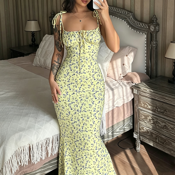 Floral Tie‑Strap Mermaid Maxi Dress