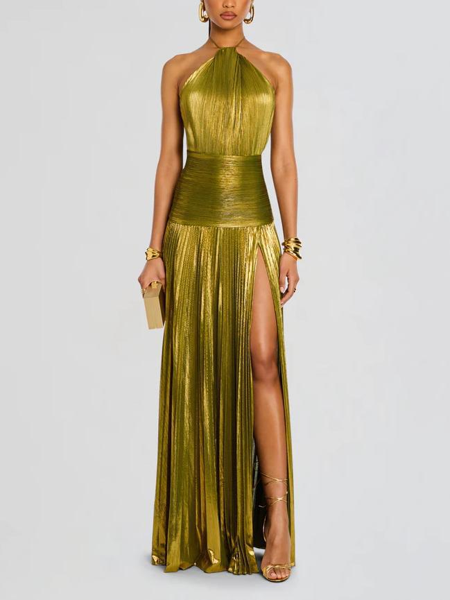 Metallic Olive Green Halter Neck Pleated Gown with High Slit