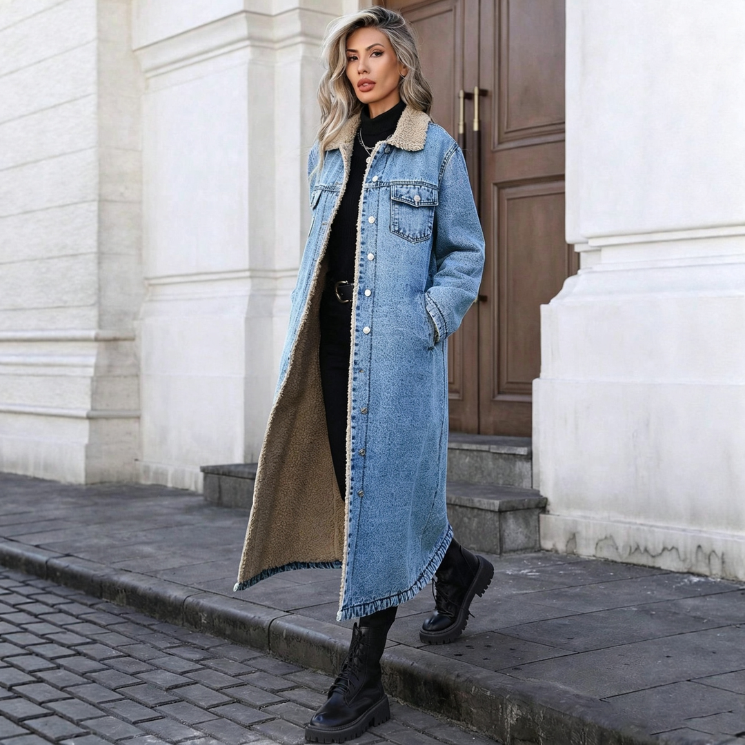 Women Oversized Fleece Lined Long Denim Jacket