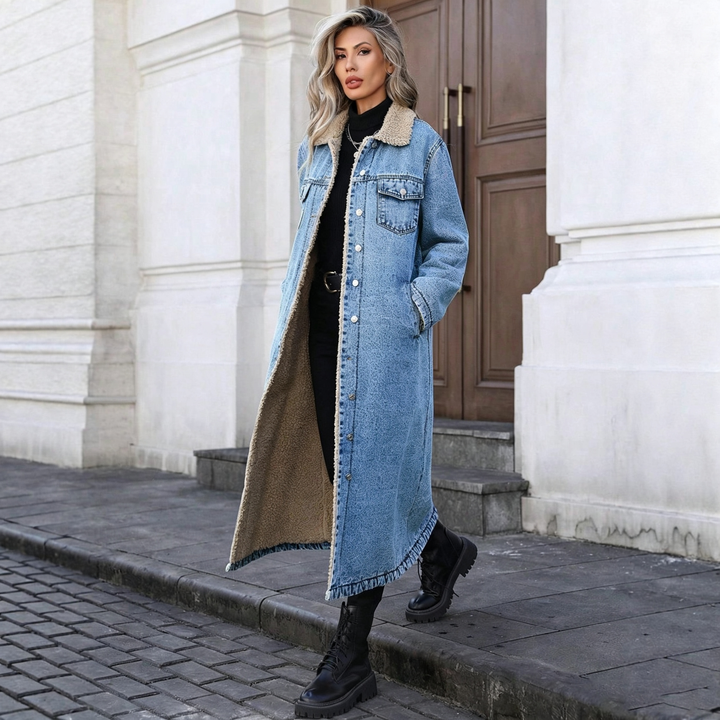 Women Oversized Fleece Lined Long Denim Jacket