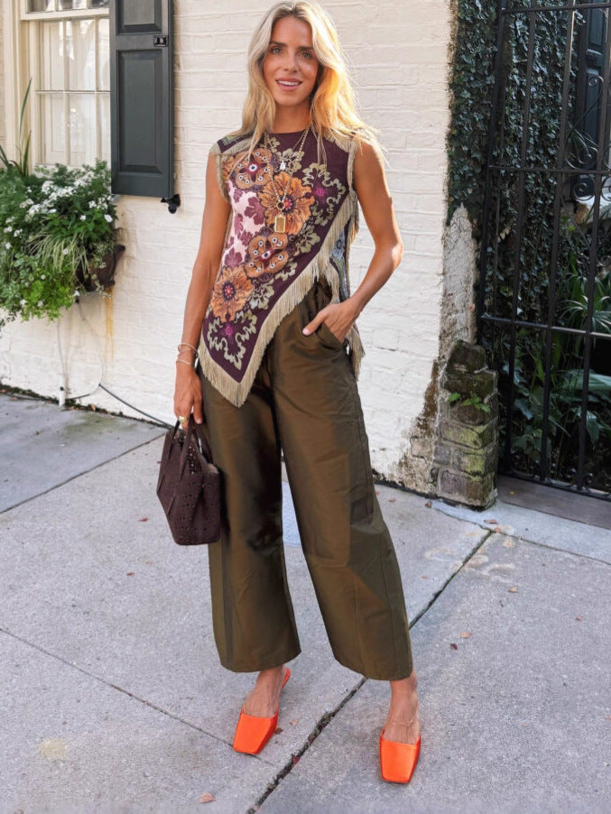 Bohemian Floral Print Fringe-Trimmed Asymmetrical Sleeveless Blouse