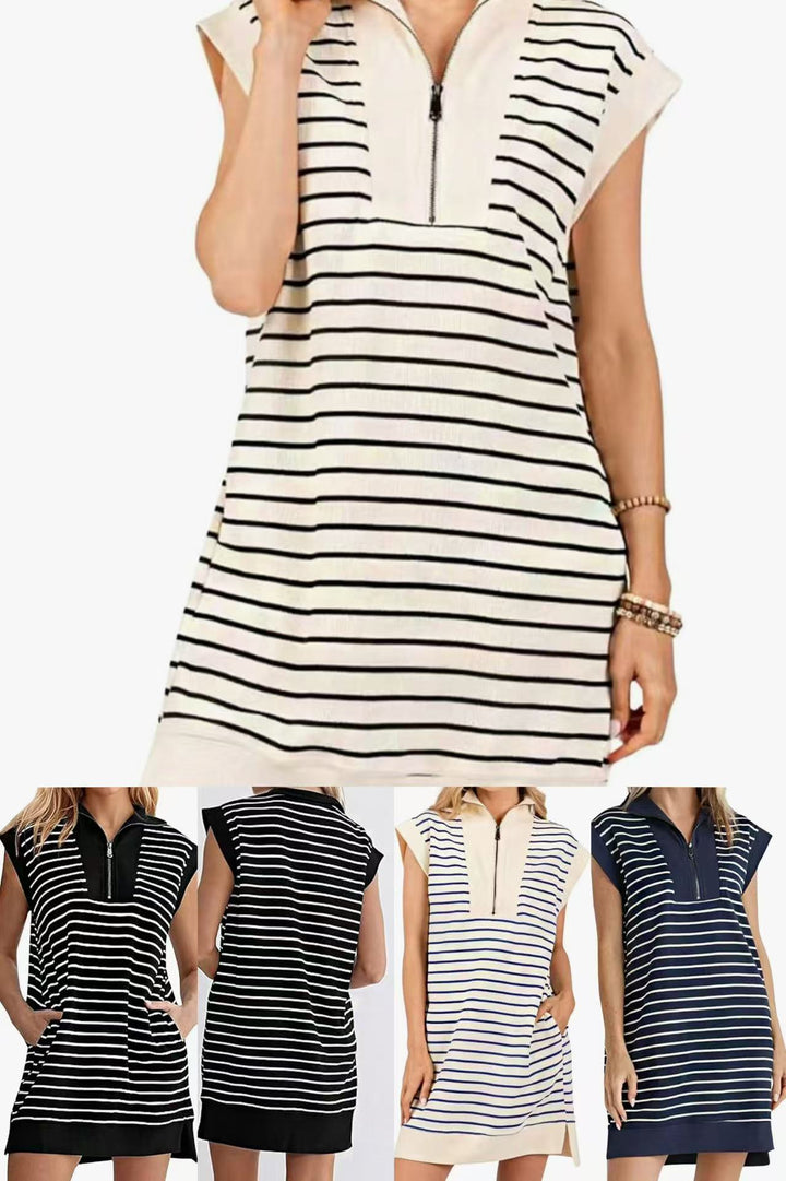 Breton Stripe Half-Zip Cap Sleeve Shift Dress