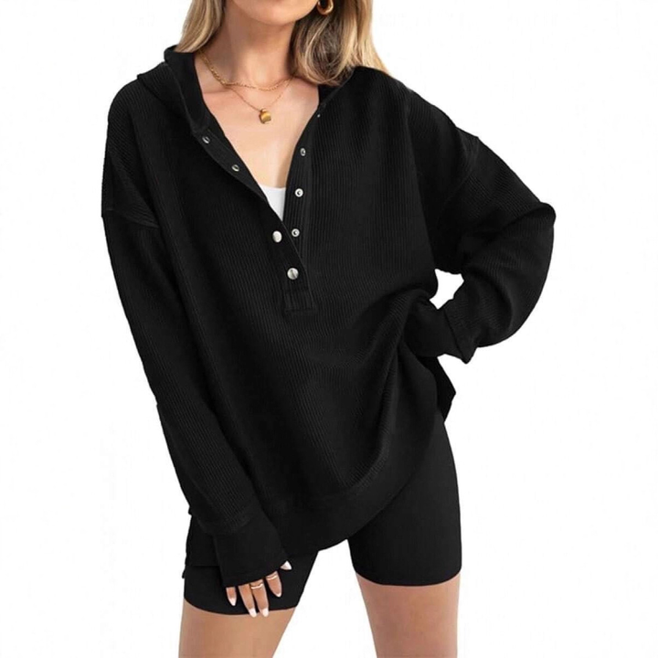 Drop Shoulder Loose Fit Henley Waffle Hoodie Top