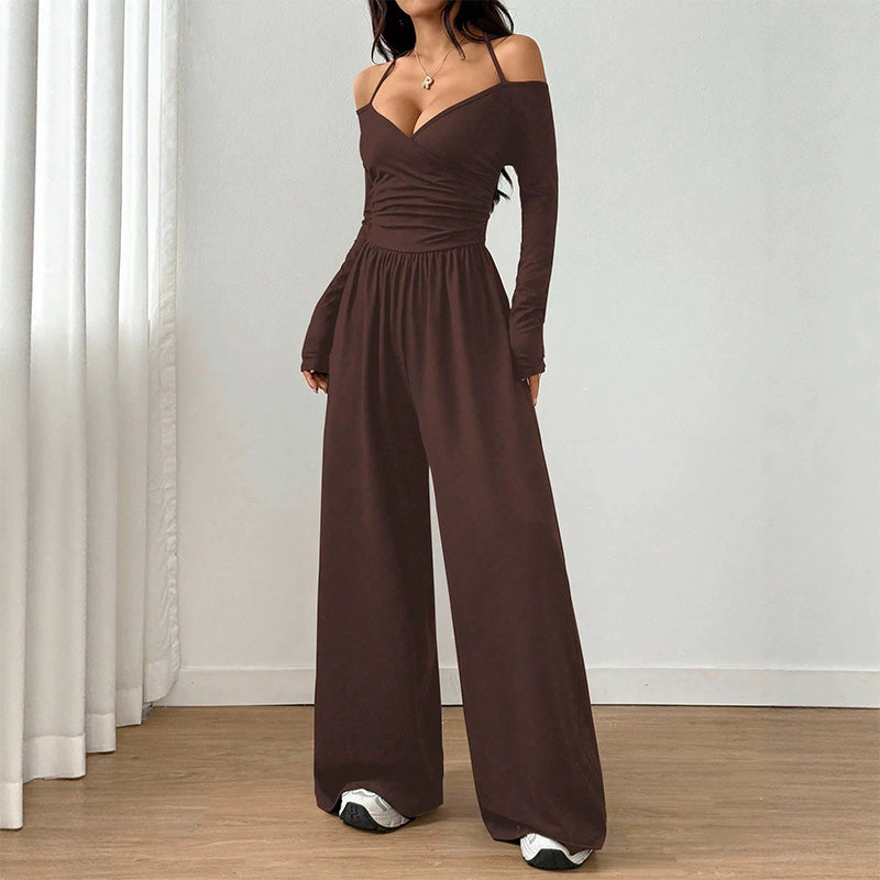 V-neck off-shoulder wide-leg jumpsuit