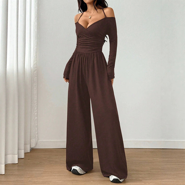 V-neck off-shoulder wide-leg jumpsuit